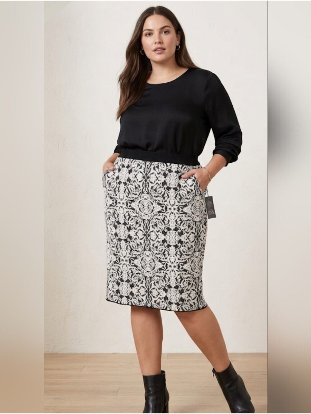 NWT Etcetera Serenade Knit Skirt Womens L Black White Stretch Metallic Textured